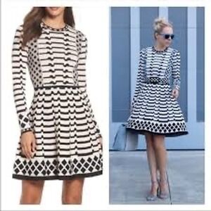 Eliza J Black White Blue Geometric Striped Knit Fit Flare Dress M